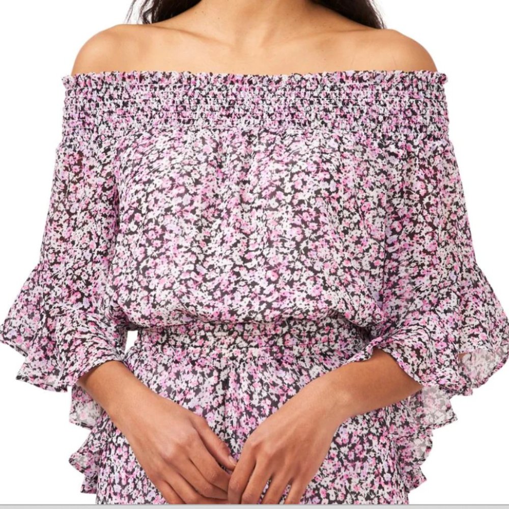 Riley & Rae Pink Black Floral Shirred Off Shoulder Smocked Bell Sleeve Blouse C4